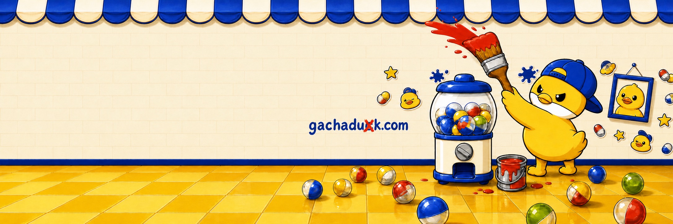 붓으로 gachaduck.com을 꾸미는 가챠덕과 캡슐 머신